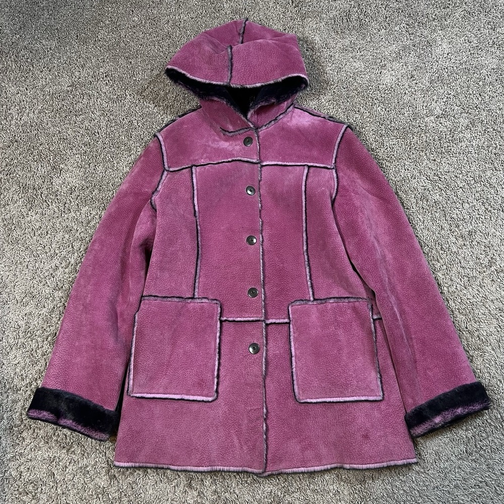 90s/Y2K Pink Suede Faux Fur Trim Hooded Coat M Penny Lane Style Patch Pockets